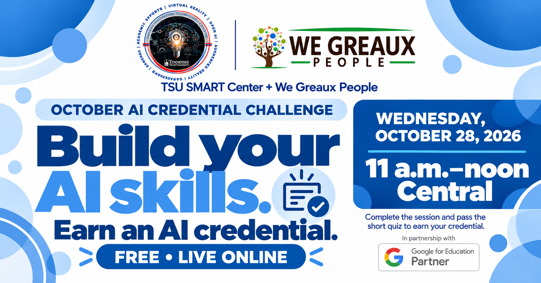 TSU SMART Center and We Greaux People free online AI credential session, Wednesday October 28, 2026, 11 a.m. to noon Central
